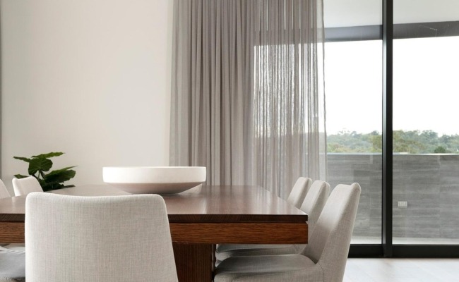 S Fold Sheer Curtains in fabric Nettex Bali Ash Dining Room 650x400 acf cropped